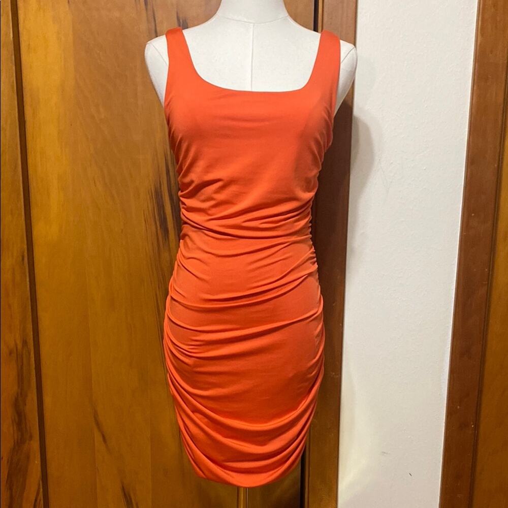 Hello Molly Bright Orange Ruched Draped Bodycon Stretch Mini Dress Summer Sun